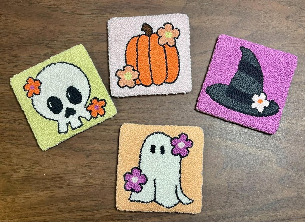 Halloween Mug Rug | Punch Needle Coaster | Halloween Decor | Ghost | Pumpkin | Skull | Witch Hat
