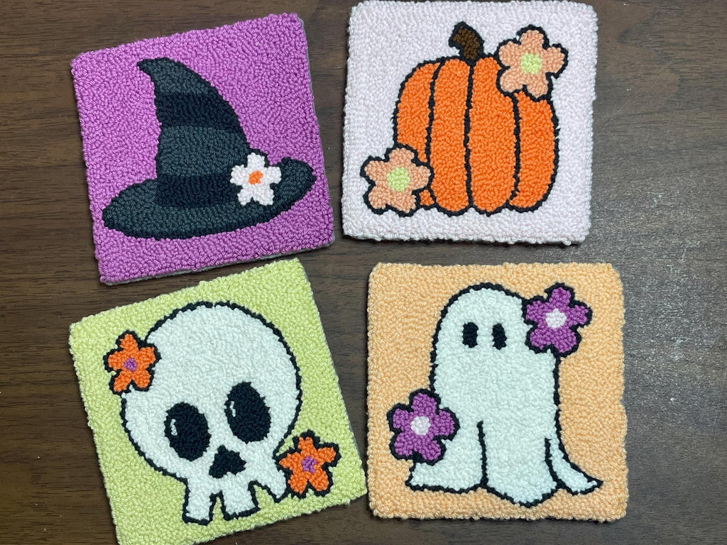 Halloween Mug Rug | Punch Needle Coaster | Halloween Decor | Ghost | Pumpkin | Skull | Witch Hat